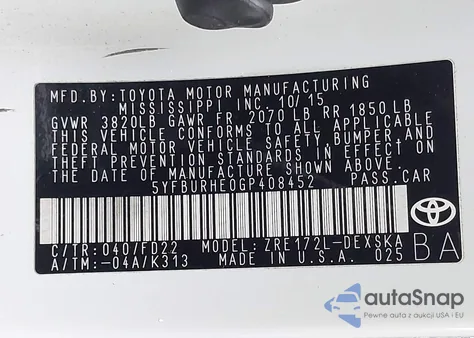 2016 Toyota Corolla S Plus из США, поврежденный, VIN 5YFBURHE0GP408452